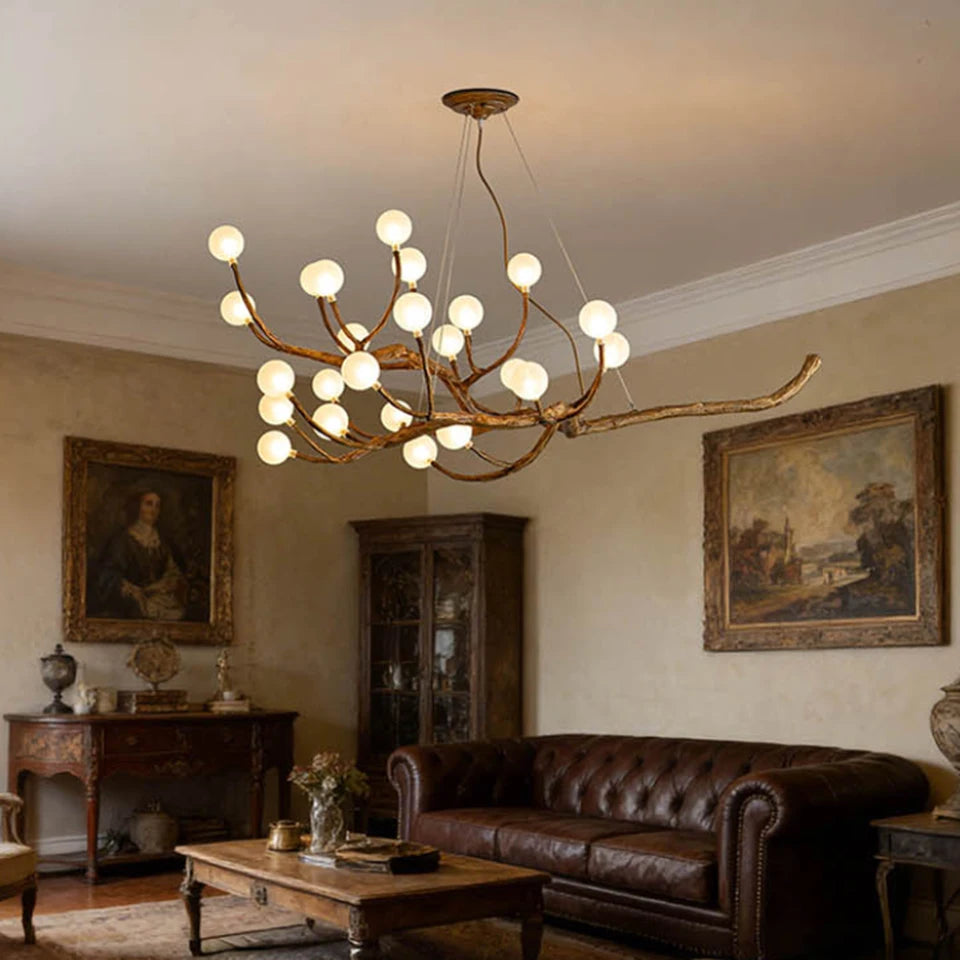 Retro Resin Tree Branch Chandeliers Frosted Glass Bubble LED Pendant Lamp for Living Dining Room Home Decor suspension luminaire