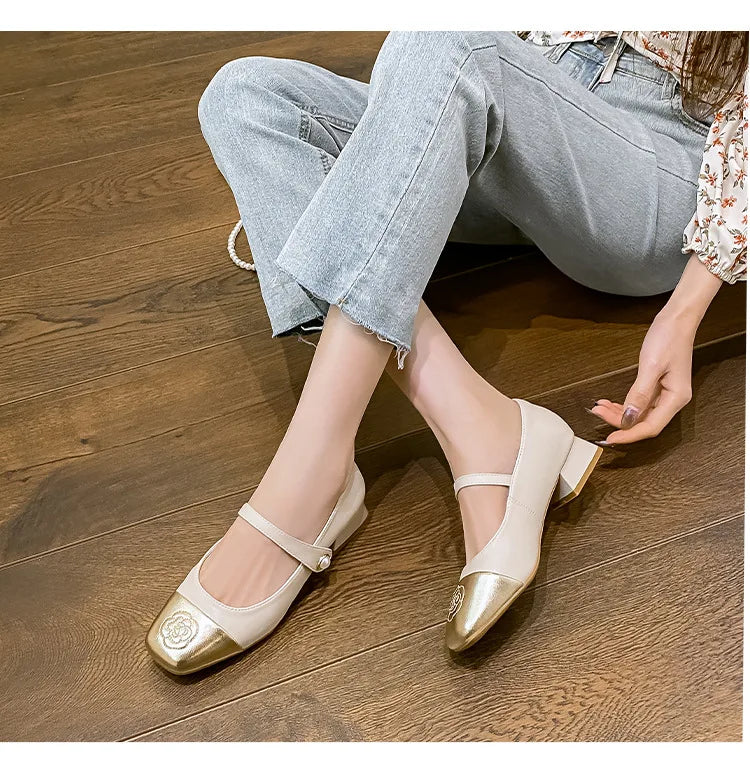 Fashion Mary Jane Women's Shoes 3cm Wide Heel Pumps Embroidered Flowers Pearl Buckle Strap Mary Jane Shoes Luxury Leather Heels