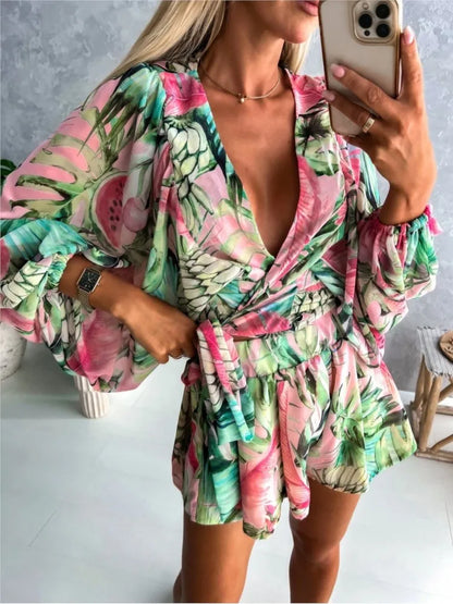 Spring Summer Boho Women Jumpsuit Fashion Deep V Neck Lantern Sleeve Casual Print Rompers Shorts Women's Elegant Jumpsuits New