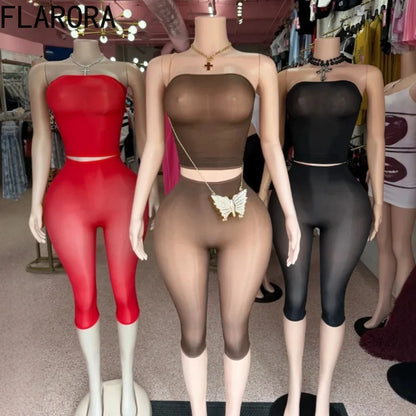 FLARORA Sexy Mesh See Through 2 Piece Sets Woman Strapless Sleeveless Crop Tops And Skinny Capri Pants Midnight Party Club Suits