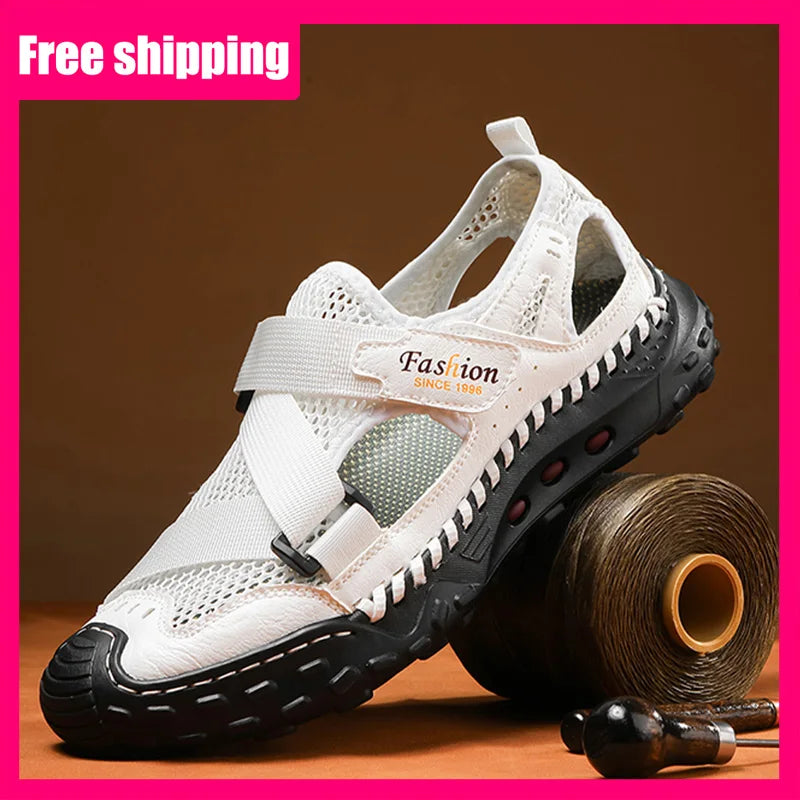 Men Sandals Comfortable Refreshing Mesh Hollow Beach Shoes Summer New Anti Slip Thick Bottom Bag Toe Casual Sandals for Teen