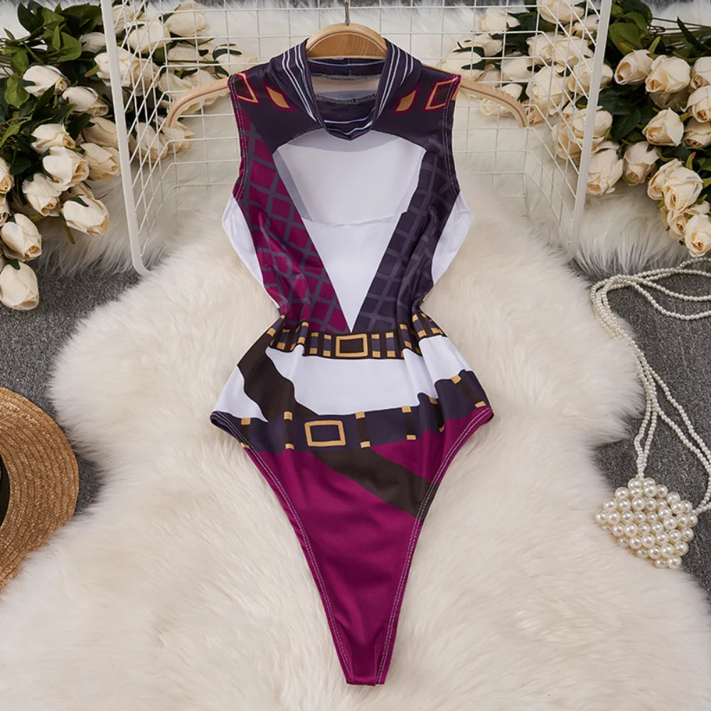 Cartoon Print High Neck Jumpsuit Hollow Sleeveless Slim Bodysuit Hero Cosplay Uniform Cute Sweet Women's Pajamas Rompers Catsuit