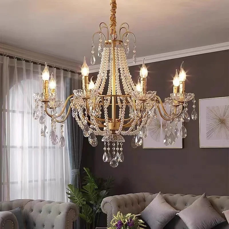 European Living Room Gold Candle E14 Chandelier Luxury Crystal Pearl Led Pendant Lights Villa Decor Led Suspend Lamp Luminarias