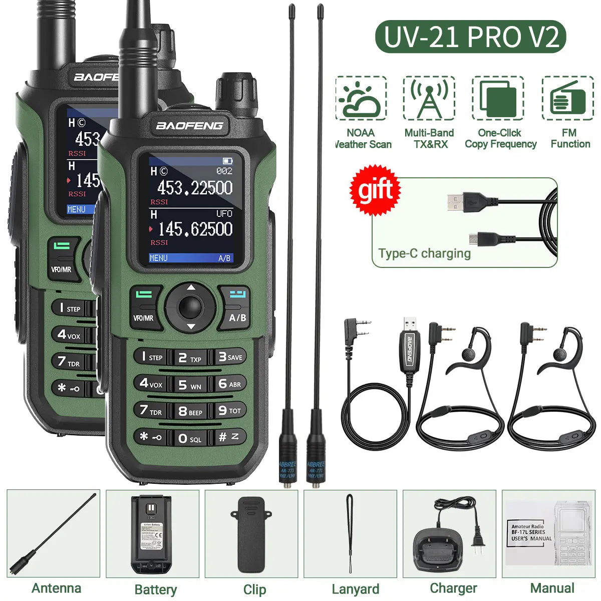 2PCS Baofeng UV-21 Pro Walkie Talkie Multi Band Wireless Copy Frequency Long Range 999CH AM High Power UV 5R K6 5RH Ham Radio
