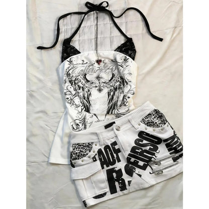 Sexy Hottie Y2k Aesthetic Rose Print Halter Vest Women Vintage Slim Fit Camis Outerwear Crop Top Harajuku Hotsweet Short Tanks
