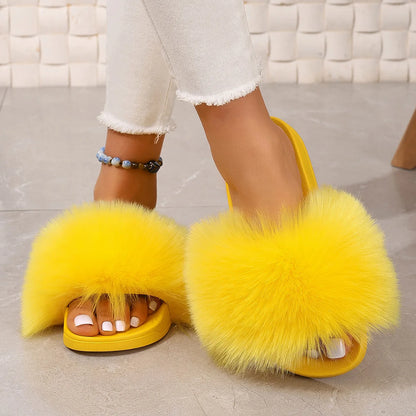 Fashion Fox Fur Slides Women Luxury Designer Summer Sandals Ladies Furry Lazy Slippers Fluffy Flip Flops Shoes Plus Size Shoes