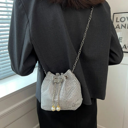 Sparkling Rhinestone Embellished Drawstring Crossbody Bag, Multi-Functional Bucket Purse, Formal Handbag for Women Daily Commute