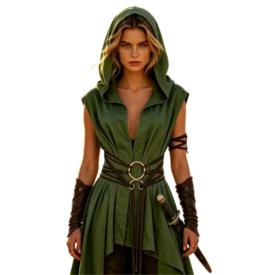 Cosplay Costume Women Irregular Hem Renaissance Elf Tunic Robe Medieval Ranger Hooded Sleeveless Cloak Belt Witch Hunter Show