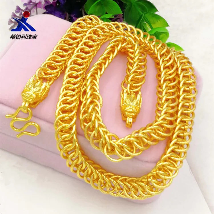 Outdoor Wear-Resistant Dragon Head Double Row Necklace For Men 24K Gold AU999, durable for daily labor and sports