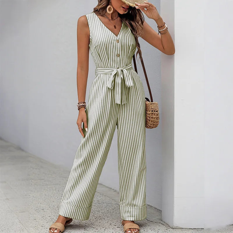 Women Rompers Solid Jumpsuits Striped Lace-Up Button V Neck Sleeveless Waist Mini Length Pants Shorts Casual One-piece Playsuit