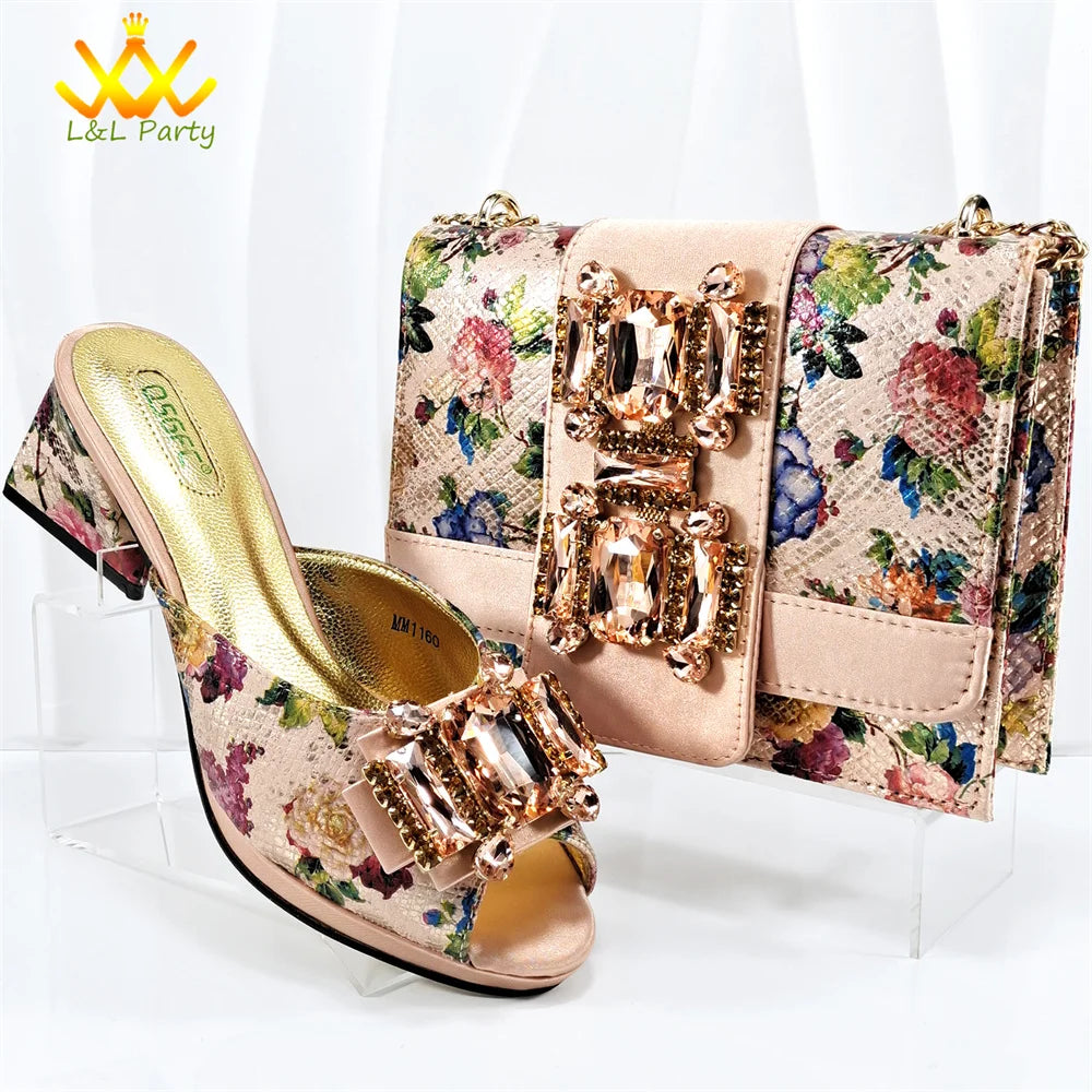 Italian New Arrivals Shoes and Bag Set in Green Color High Quality Specials Design Slipper with Crystal for Wedding Dress