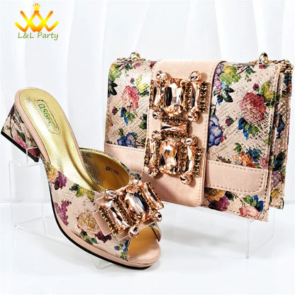 Italian New Arrivals Shoes and Bag Set in Green Color High Quality Specials Design Slipper with Crystal for Wedding Dress