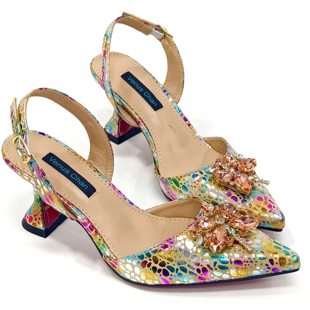 2026 Gold Color Thin Heels Pointed Toe Crystal Design Ladies Shoes Matching Bag Set For Women Weeding Party Pump