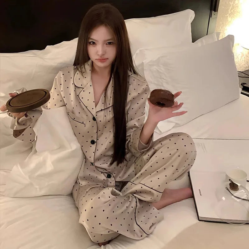 French High Sense of Sleepwear Women Spring and Fall New Simple Polka Dot Long-Sleeved Long Pants Ice Silk Homewear Fashion Suit