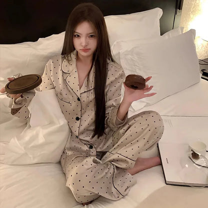 French High Sense of Sleepwear Women Spring and Fall New Simple Polka Dot Long-Sleeved Long Pants Ice Silk Homewear Fashion Suit