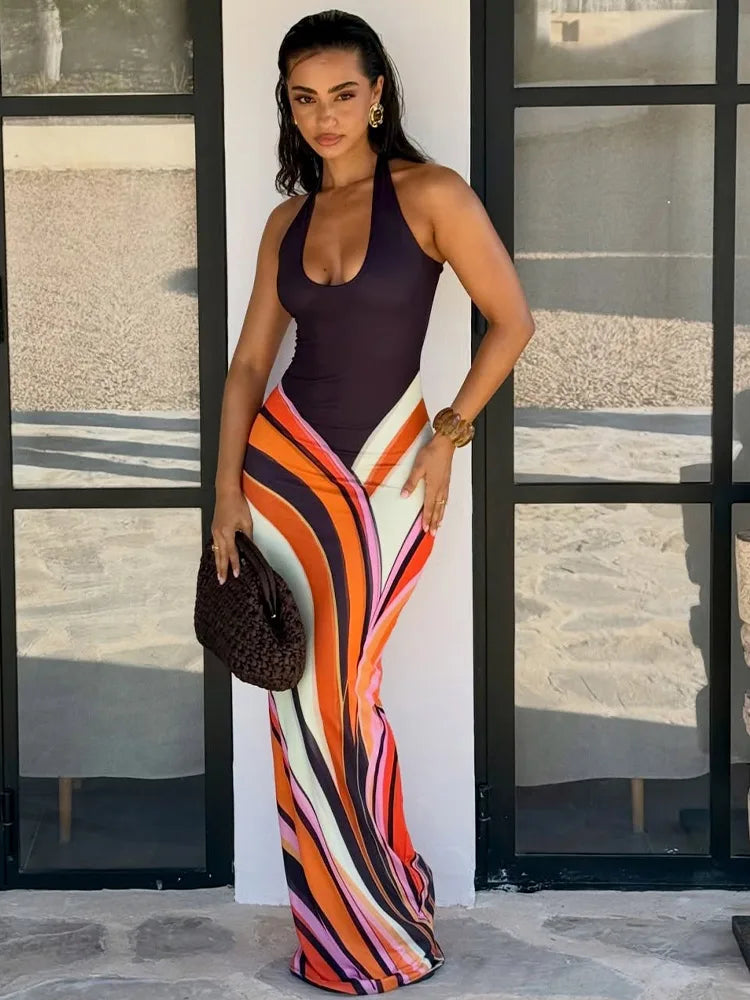 Sexy Print Women Long Dress Party Deep V-neck Sleeveless Backless Hip Package Female Dresses 2026 Summer Holidays Lady Robe