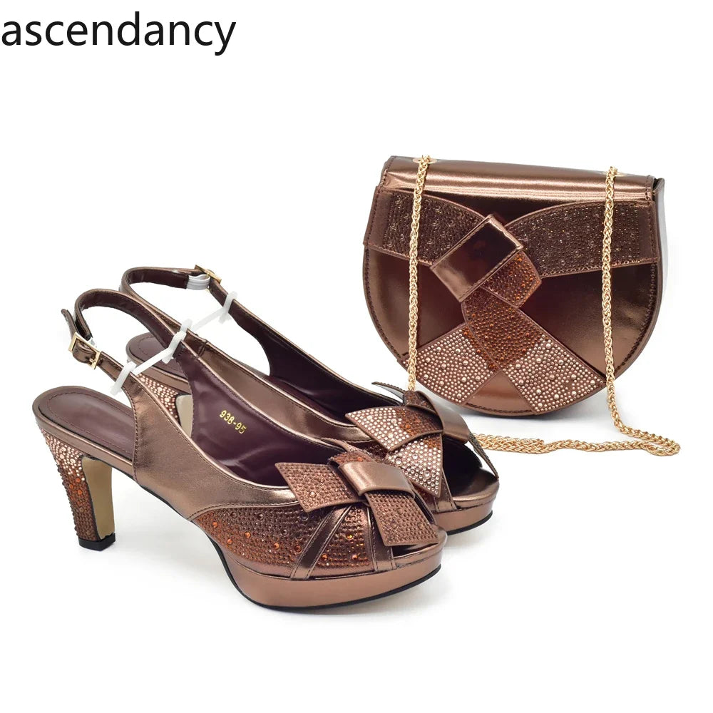 New Fashion Coffee Shoe and Bag Set for Party in Women Rhinestone Heeled Shoes for Women Ladies Party Shoes with Matching Bag
