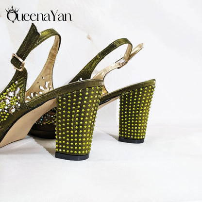 Queena Yan Popularity Olive Color Rhinestone Decoration Design Peep Toe Party Wedding Women High Heels and Bag Set