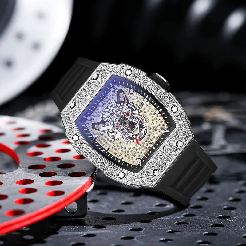 Tonneau Hollow Diamond Leopard Dial Quartz Watch Men Luxury Luminous Fashion Waterproof Rubber Sport Watches Men Steel Men Clock