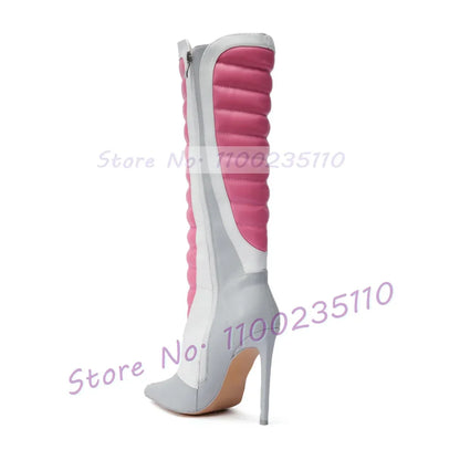 Pink Colorblock Stiletto Mid Calf Boots Women Novelty Pointed Toe Side Zipper Shoes Female Streetwear High Heels Biker Boots