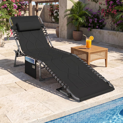 Outdoor Reclining Folding Chaise Lounge Chair, Adjustable, Padded, Pocket, Black