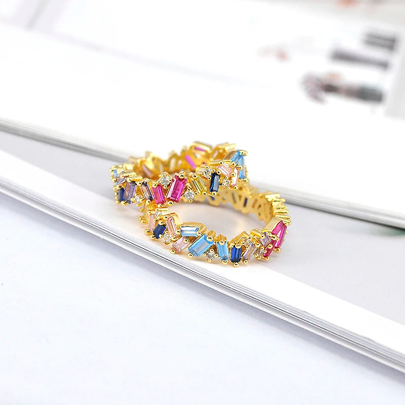 24K Gold Plated Colorful Crystal Gold Rings Turquoise Engagement Wedding Anniversary Ring Light Luxury Fashion Jewelry Gifts A40