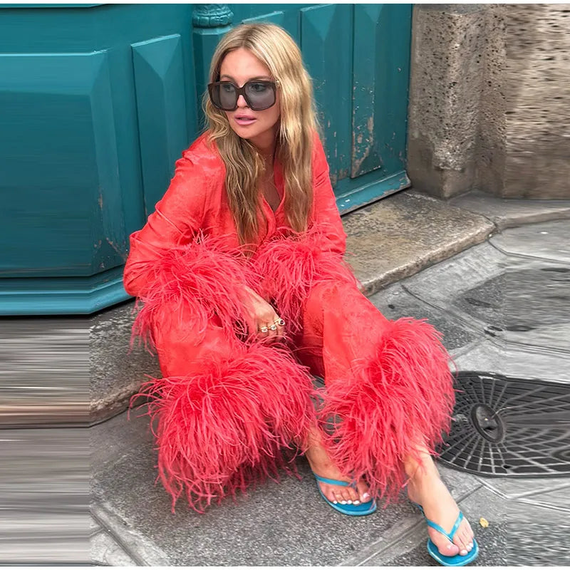 Jacquard Satin Fringe Three Piece Set Kimono Long Open Coat Wrap V Neck Top Fringe Trousers 2026 Summer Resort Lady Elegant Suit