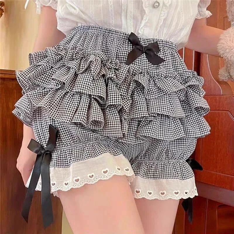 Pink Pleated panties woman pumpkin cute panties bow knot lolita safety shorts vintage pants victorian bloomers