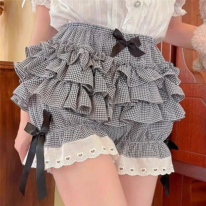 Pink Pleated panties woman pumpkin cute panties bow knot lolita safety shorts vintage pants victorian bloomers