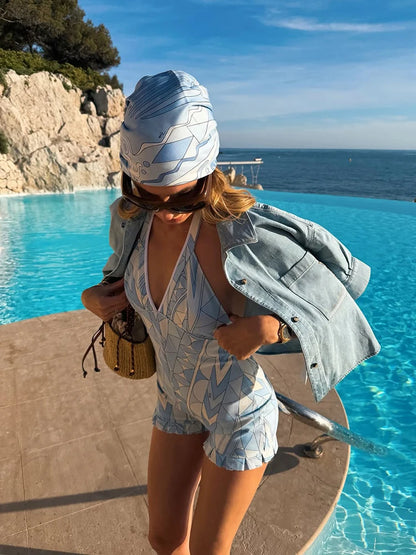 Chic  Geometric Print Halter Romper Deep V Neck Ruffle Hem Slim Playsuit 2026 Summer Beach Vacation Wear Elegant Women Jumpsuits