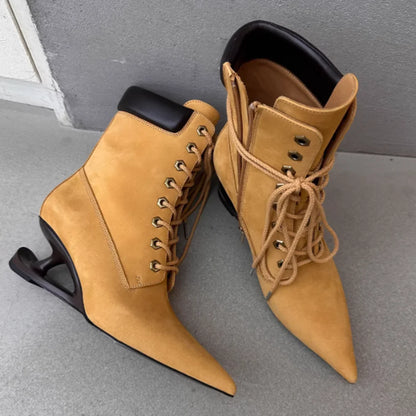 Brown Suede Pointed-Toe Ankle Boots Unique Heel Lace-Up Front Contrast Leather Collar Retro Western Style Lady Pointed-Toe Boots