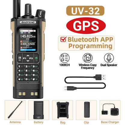 BAOFENG UV-32 GPS Walkie Talkie Long/Short Battery Wireless Copy Frequency Bluetooth Programming 1000CH Multi Band Two Way Radio