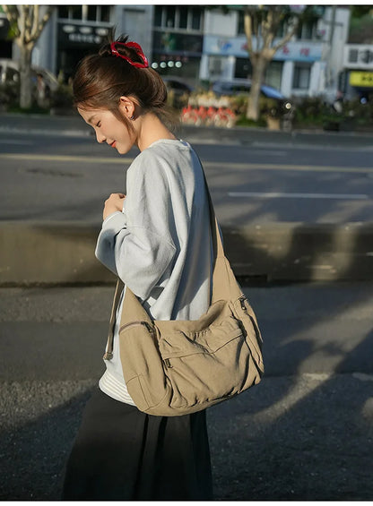 100% Cotton Shoulder Bags Women Large Capacity Canvas Tooling Packages Korea Style Cloth Crossbody Bags Solid Messenger Bags