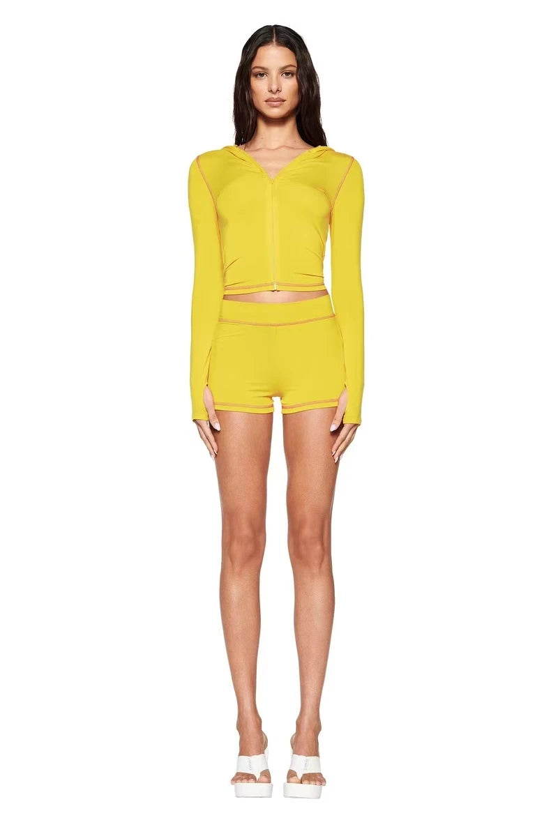 new shoulder letter printed open thread design slim fit hooded zipper short jacket shorts set