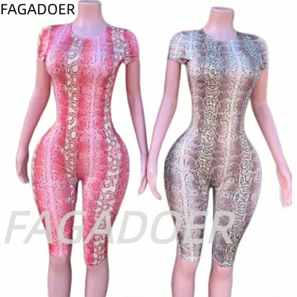 FAGADOER Sexy Snake Print Bodycon Romper Hot Girl O Neck Button Backless Hollow Out  Skinny Jumpsuits Streetwear Club Playsuits