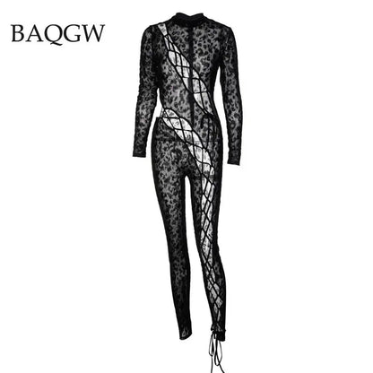 Skinny Hollow Out Cross Bandage Patchwork Jumpsuits Women Leopard Print Retro Fashion Sexy Cleavage Bodycon Party Clubwear Hot