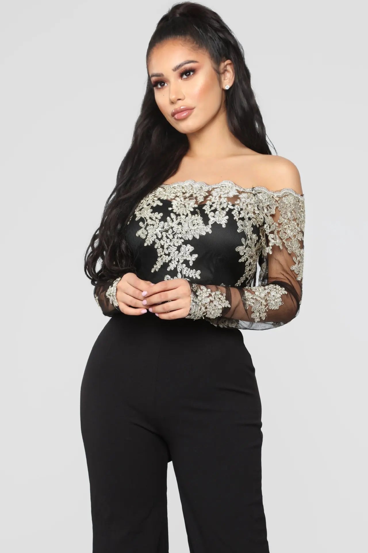 Womens Elegant Off Shoulder Long Pants Wide Leg Jumpsuits Floral Embroidery Lace See Through Cocktail Club Party Evening Rompers