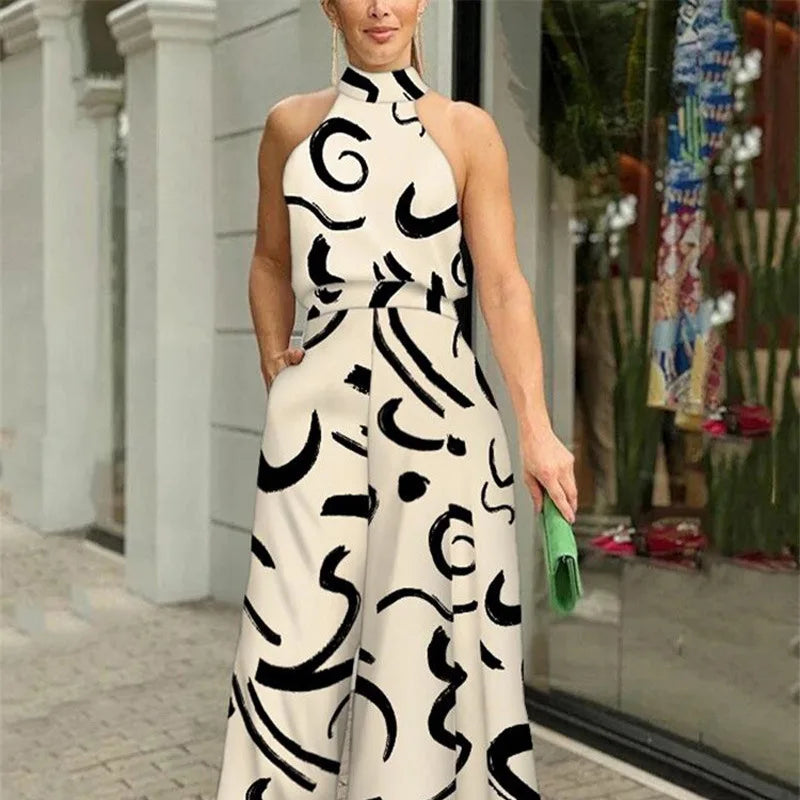 Summer Women's Elegant Waist Halter Jumpsuit Tie Sleeveless Wide Leg Long Pant Bodycon Abstract Print Streetwear Romper Mujer