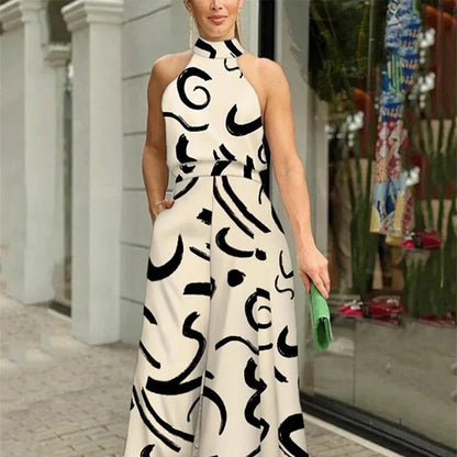 Summer Women's Elegant Waist Halter Jumpsuit Tie Sleeveless Wide Leg Long Pant Bodycon Abstract Print Streetwear Romper Mujer
