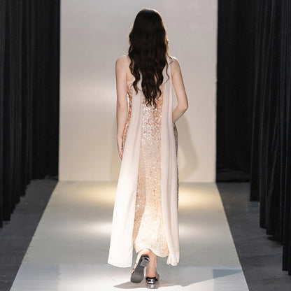 Champagne Rhinestone Spaghetti Strap Mermaid Evening Dress Big Sequins Chiffon Cape Neck Scarf Midi Wedding Guest Gown