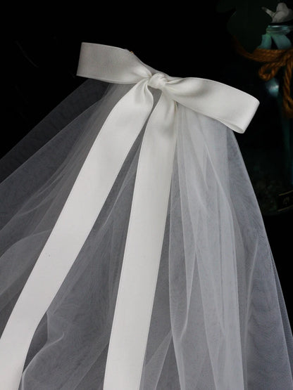 LA003 Bridal Veil Two-Layer Plain Tulle Satin Bow Handmade White Short Headdress Veil for Wedding Dress