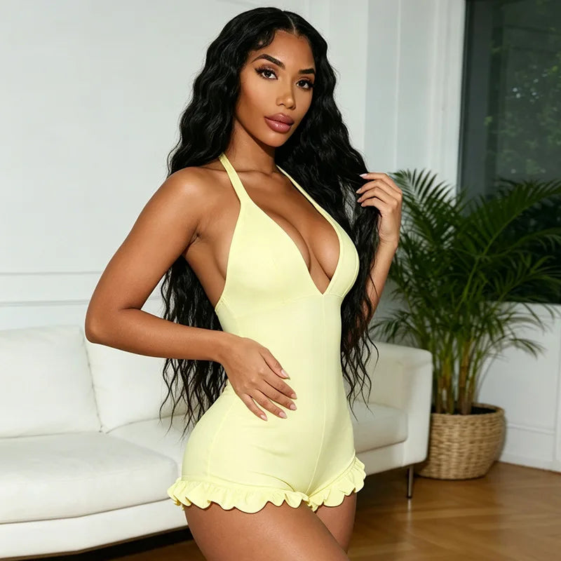 HLJ&GG Sexy Hot Girl Polka Dot Print Ruffle Bodycon One Piece Rompers Women Halter Backless Lace Up Playsuits Fashion Overalls