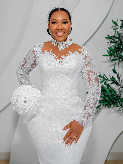 Mermaid Wedding Dresses Long Sleeve High Neck Bride Dress Lace Beading African Bridal Gown vestido de novia Customized