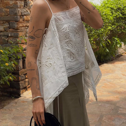 Fashion Women's White Hollow Out Sling Top Loose Sleeveless Backless Lace Up Irregular Hem All-match Tops 2026 Summer Lady Vest