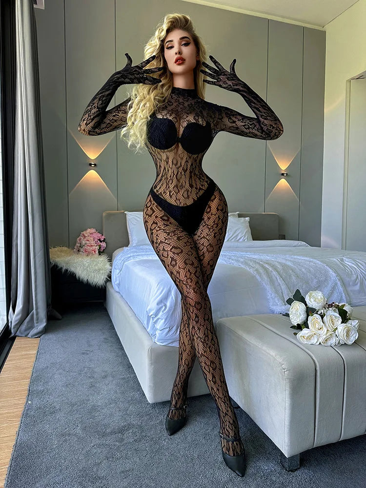 Toucheart Sexy Mesh Jumpsuit Women's Underwear Long-sleeved Jumpsuit Fishnet Top with Closed Crotch Perspective Sexy Jumpsuit