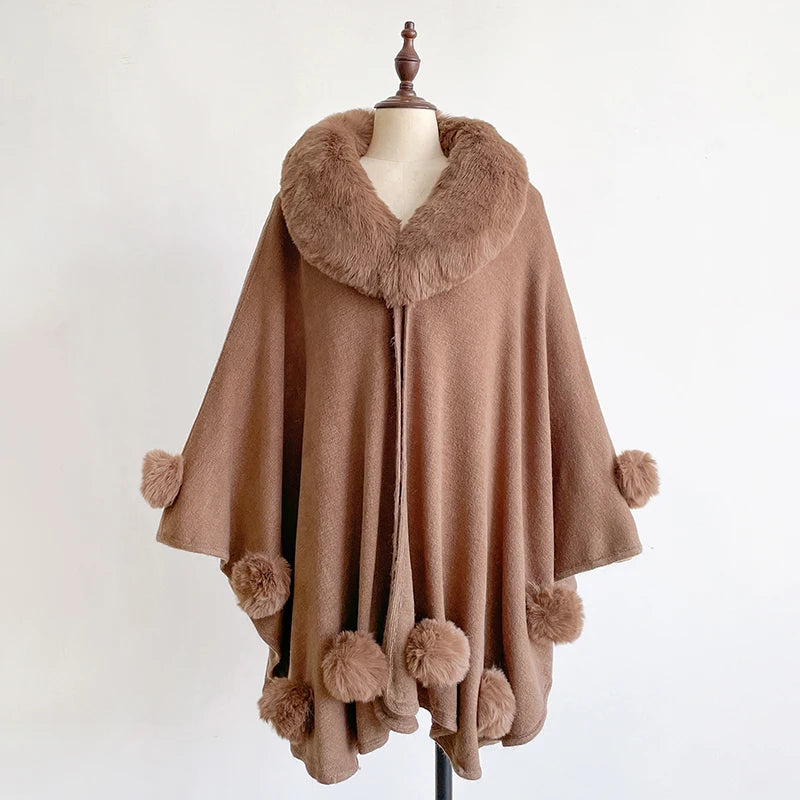 Winter New Thicken Women's Mink Wool Full Trims Faux Fur Cape - Hooded Loose Fleece Cloak Coat for Party Dress Wraps Warm