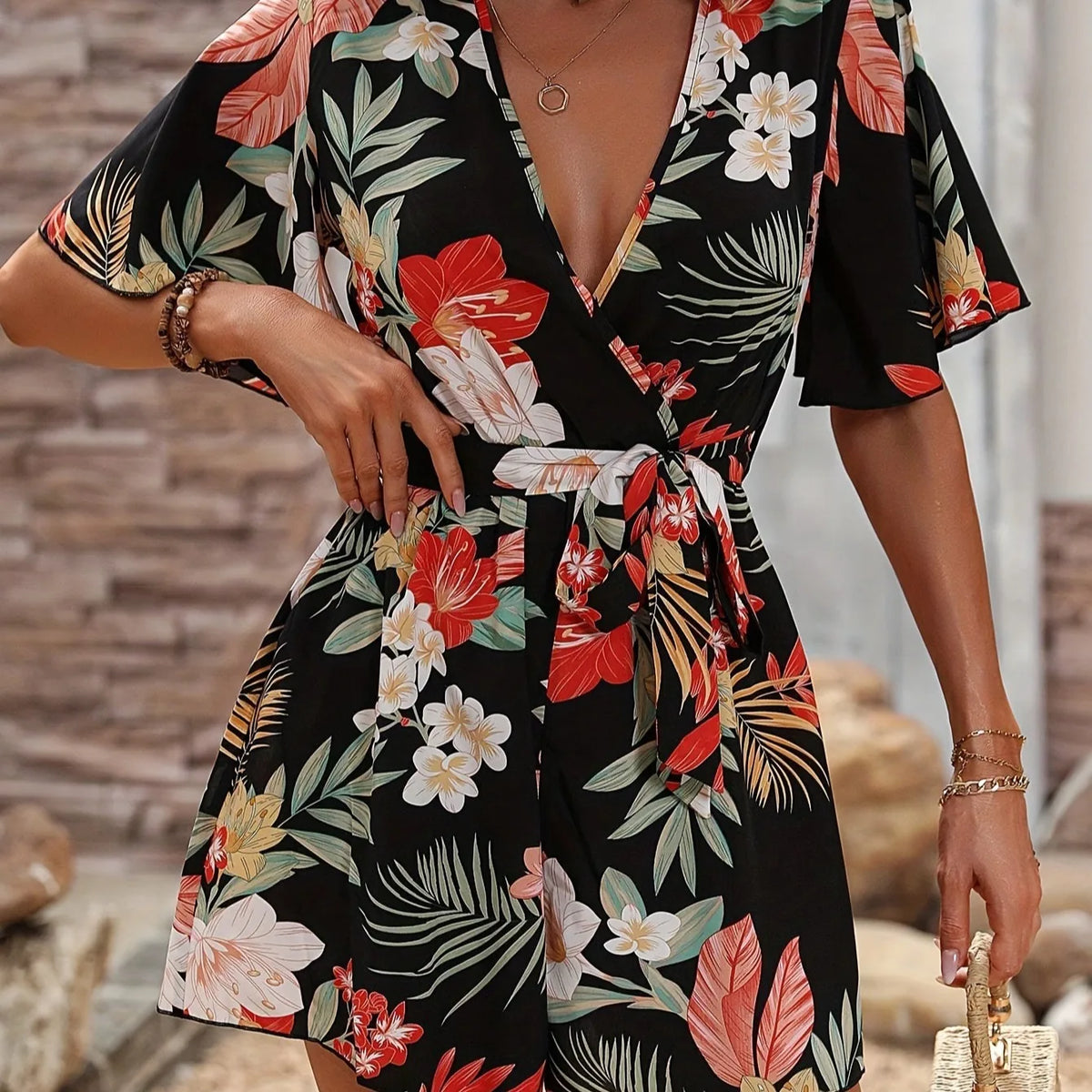 Bohemian Floral Print Short Jumpsuits For Women Summer Short Sleeve Wide Legs One Pieces Elegant 2025 Beach Wear Casual Outfit