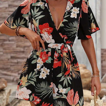 Bohemian Floral Print Short Jumpsuits For Women Summer Short Sleeve Wide Legs One Pieces Elegant 2025 Beach Wear Casual Outfit
