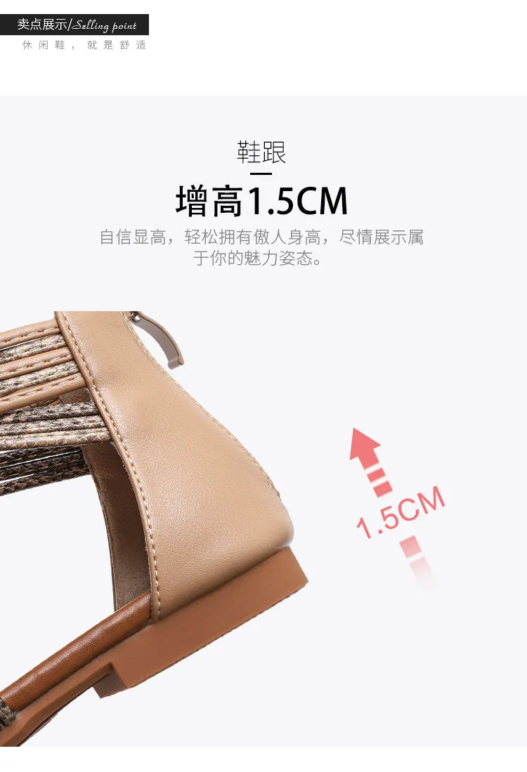 High quality leather flat sandals for women stripe zipper new summer 2026 36 42 open toe casual beach shoe black khaki brown