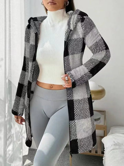 Womens Coats Winter Manteau Winter Warm Plush Pocket Coat Womens Plaid Print Hooded Long Zip Cardigan Sobretudo Feminino Inverno